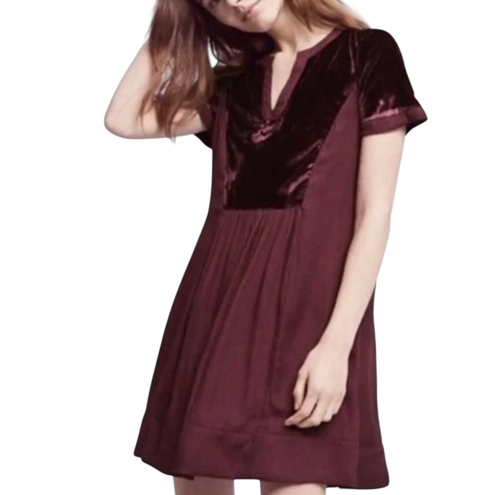 Maeve Anthropologie Velvet Yoke Shift Dress Plum Burgundy Split Neck XXS